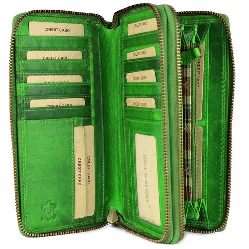 Hill Burry XXL Vintage Leder Damen Geldbörse Portemonnaie Organizer grün mit RFID