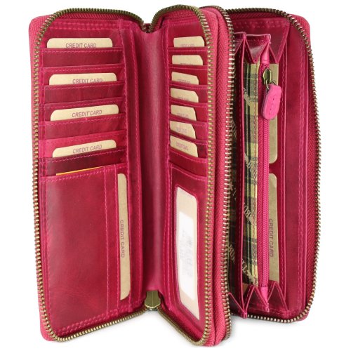 Hill Burry XXL Vintage Leder Damen Geldbörse Portemonnaie Organizer pink mit RFID