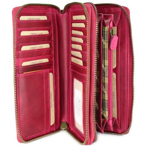 Hill Burry XXL Vintage Leder Damen Geldbörse Portemonnaie Organizer pink mit RFID