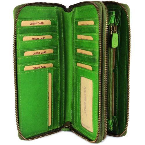 Hill Burry XXL Vintage Leder Damen Geldbörse Portemonnaie Organizer grün gemustert mit RFID